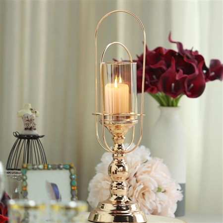 15in. Golden Candle Holder - Hurricane Glass Coiled Metal Stand